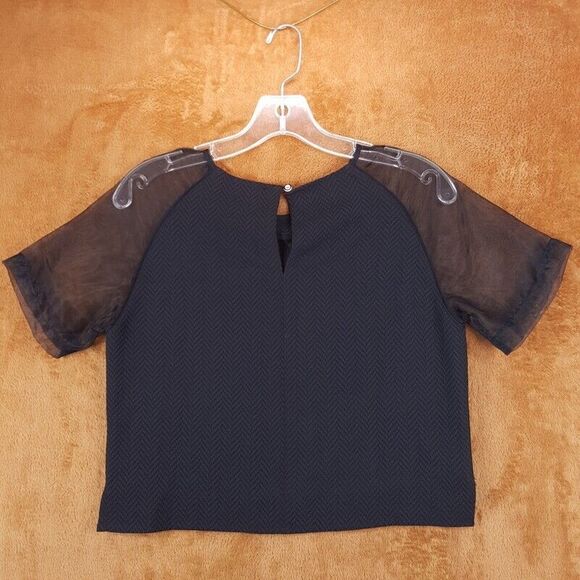 GREYLIN Top Womens XS Black Sheer Illusion Sleeve Crop Keyhole Neck Blouse - Picture 5 of 9
